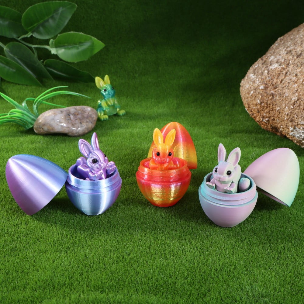 SHUWND 6PCS Set 3D Printed Bunny with Easter Egg, Mini Easter Eggs Fidget Toy 3D Articulated Crystal Bunny Eggs Mystery Egg Easter Basket Stuffers Surprise 3D Printed Animals Toy Set