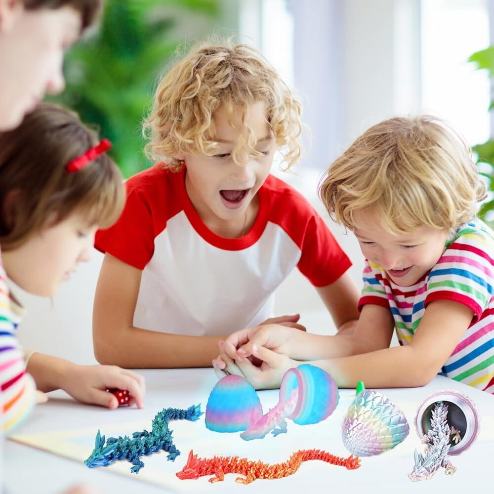 SHUWND 4PCS 3D Printed Dragon 3D Eggs with Dragon Inside, Mini Easter Eggs Fidget Toy 3D Articulated Crystal Dragon Mystery Egg Easter Basket Stuffers Surprise 3D Printed Animals Toy Set