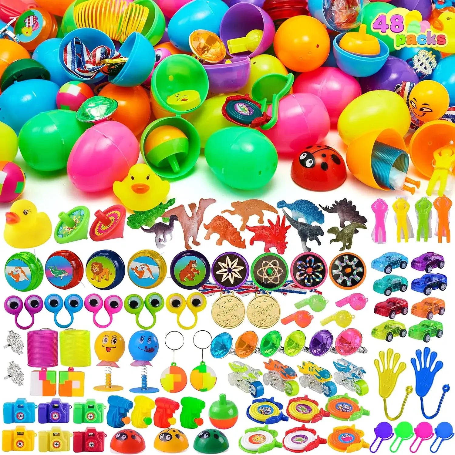 Easter Egg Hunt Set - Prefilled Eggs with Toys & Stickers (36-200 Pcs) | Kids Party Favors, Basket Stuffers & Classroom Prizes