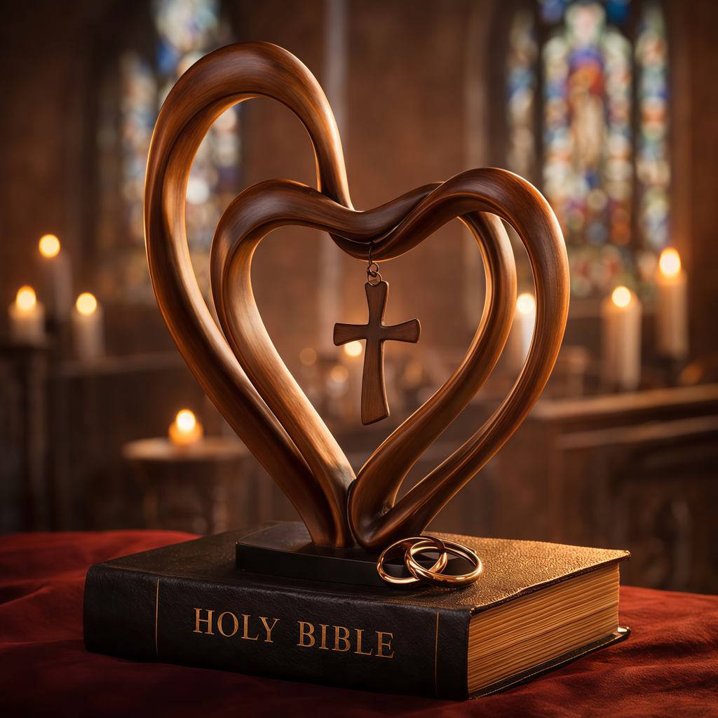 Marriage Takes Three – Entwined Heart & Cross Christian Wedding Sculpture