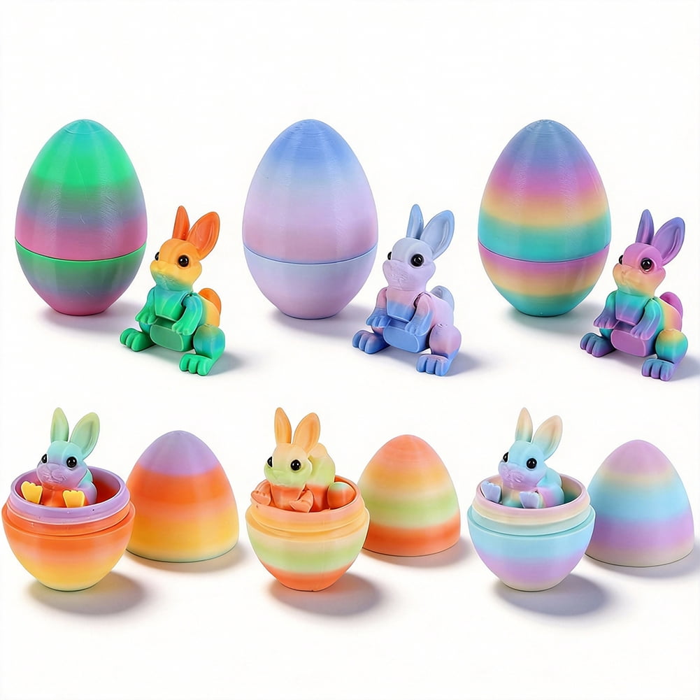 SHUWND 6PCS Set 3D Printed Bunny with Easter Egg, Mini Easter Eggs Fidget Toy 3D Articulated Crystal Bunny Eggs Mystery Egg Easter Basket Stuffers Surprise 3D Printed Animals Toy Set