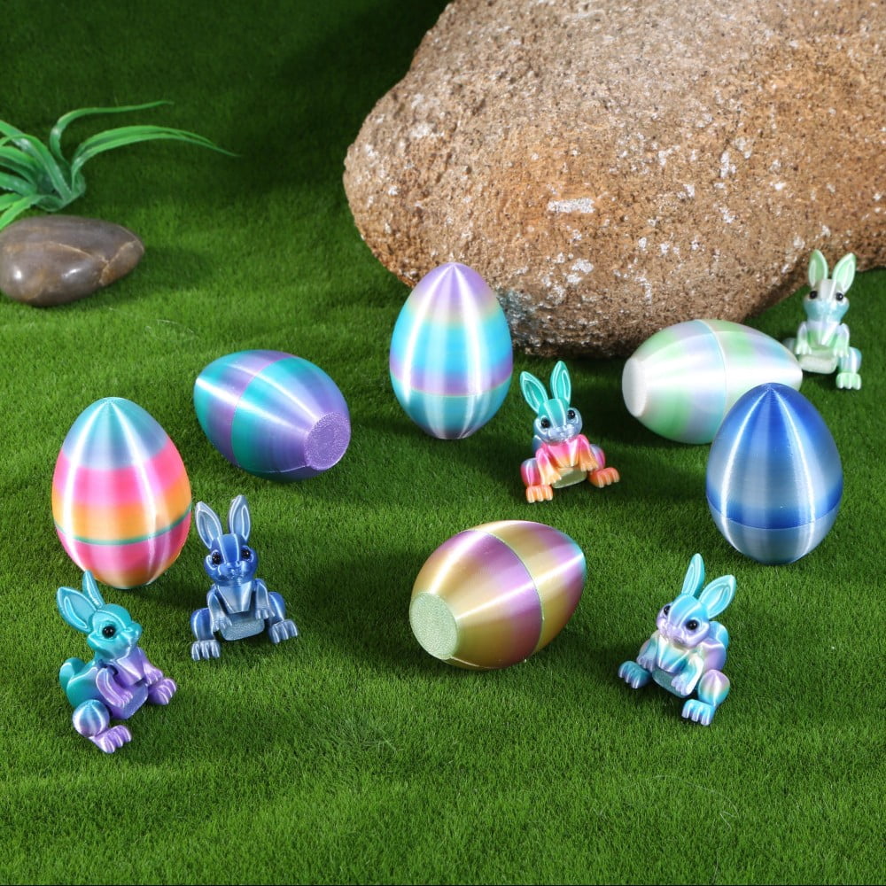 SHUWND 6PCS Set 3D Printed Bunny with Easter Egg, Mini Easter Eggs Fidget Toy 3D Articulated Crystal Bunny Eggs Mystery Egg Easter Basket Stuffers Surprise 3D Printed Animals Toy Set