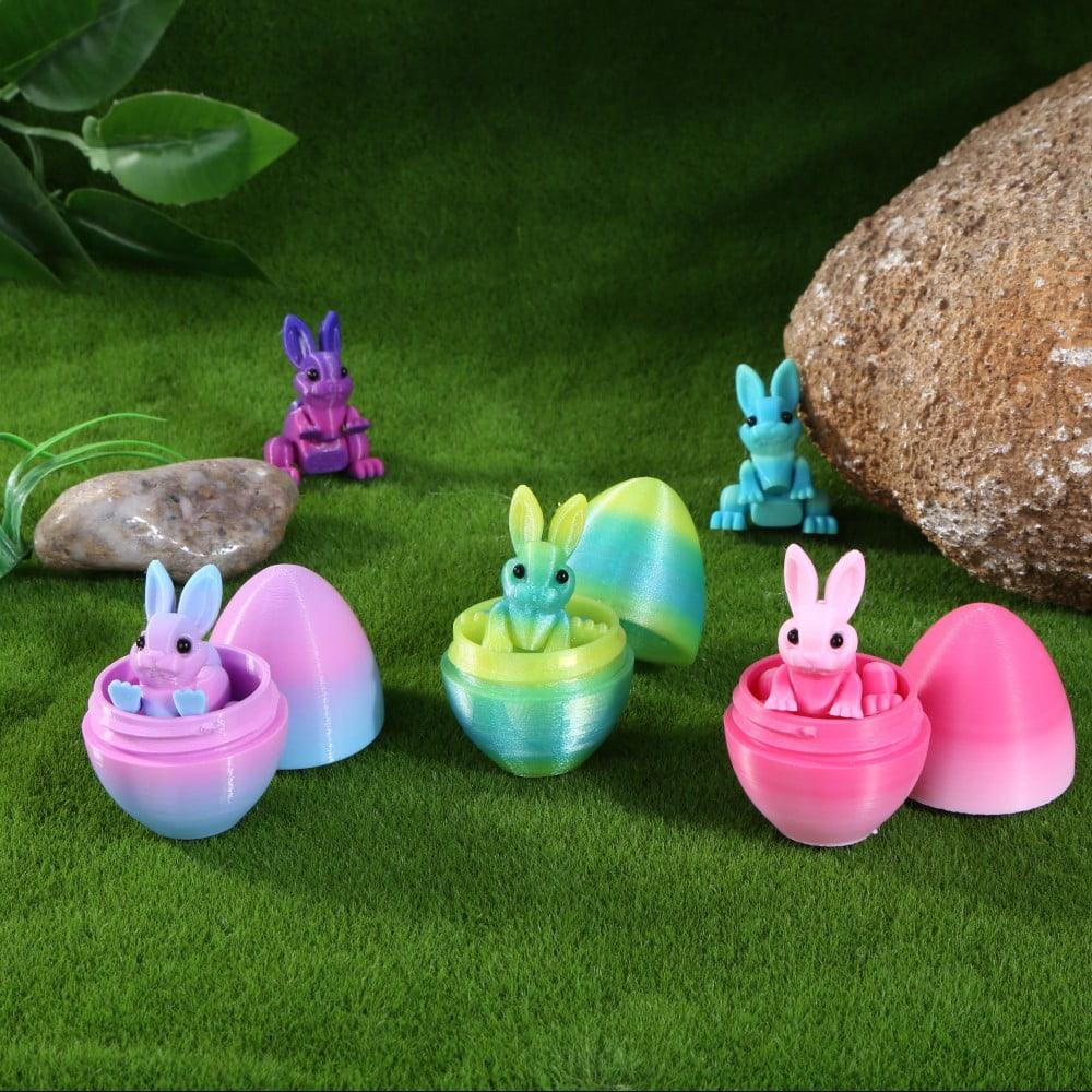SHUWND 6PCS Set 3D Printed Bunny with Easter Egg, Mini Easter Eggs Fidget Toy 3D Articulated Crystal Bunny Eggs Mystery Egg Easter Basket Stuffers Surprise 3D Printed Animals Toy Set