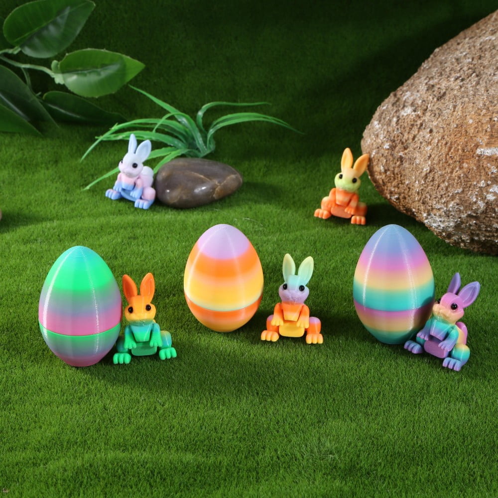 SHUWND 6PCS Set 3D Printed Bunny with Easter Egg, Mini Easter Eggs Fidget Toy 3D Articulated Crystal Bunny Eggs Mystery Egg Easter Basket Stuffers Surprise 3D Printed Animals Toy Set