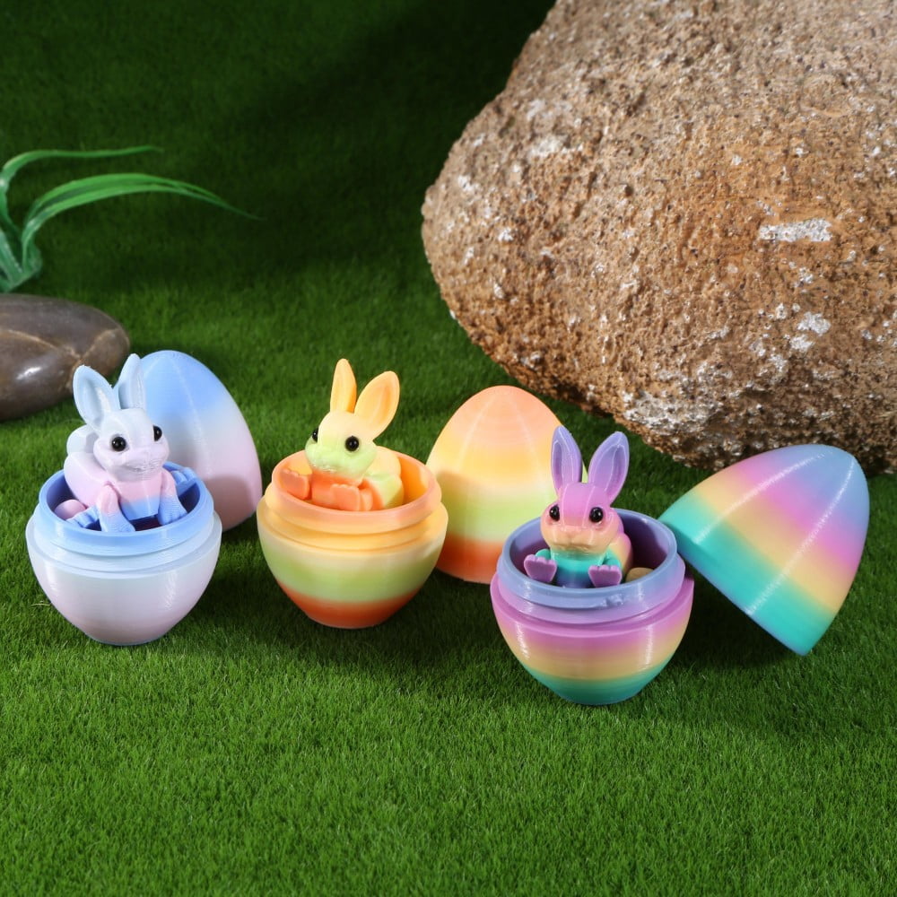 SHUWND 6PCS Set 3D Printed Bunny with Easter Egg, Mini Easter Eggs Fidget Toy 3D Articulated Crystal Bunny Eggs Mystery Egg Easter Basket Stuffers Surprise 3D Printed Animals Toy Set
