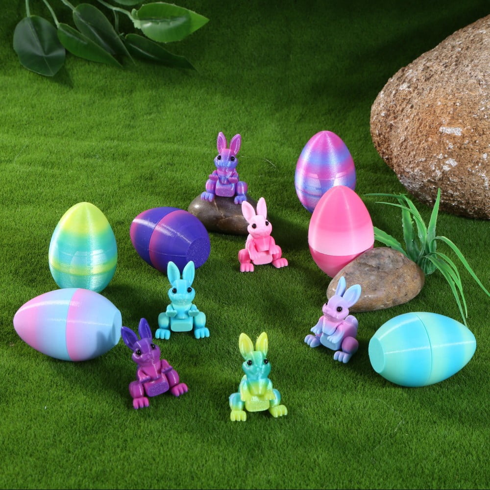 SHUWND 6PCS Set 3D Printed Bunny with Easter Egg, Mini Easter Eggs Fidget Toy 3D Articulated Crystal Bunny Eggs Mystery Egg Easter Basket Stuffers Surprise 3D Printed Animals Toy Set