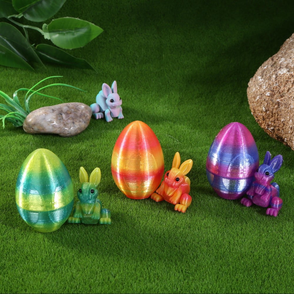 SHUWND 6PCS Set 3D Printed Bunny with Easter Egg, Mini Easter Eggs Fidget Toy 3D Articulated Crystal Bunny Eggs Mystery Egg Easter Basket Stuffers Surprise 3D Printed Animals Toy Set