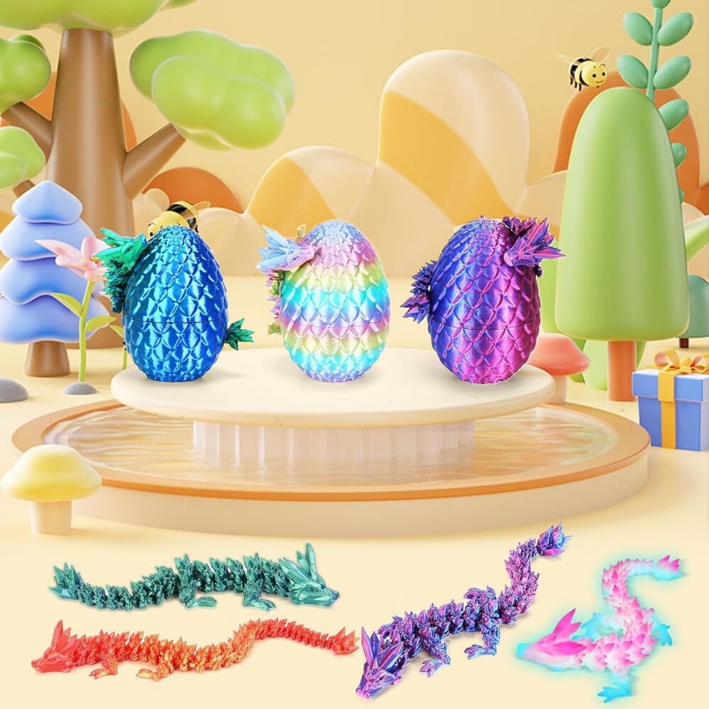 SHUWND 4PCS 3D Printed Dragon 3D Eggs with Dragon Inside, Mini Easter Eggs Fidget Toy 3D Articulated Crystal Dragon Mystery Egg Easter Basket Stuffers Surprise 3D Printed Animals Toy Set