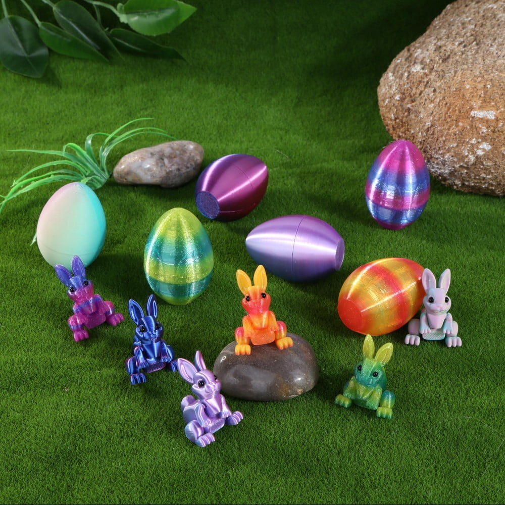 SHUWND 6PCS Set 3D Printed Bunny with Easter Egg, Mini Easter Eggs Fidget Toy 3D Articulated Crystal Bunny Eggs Mystery Egg Easter Basket Stuffers Surprise 3D Printed Animals Toy Set