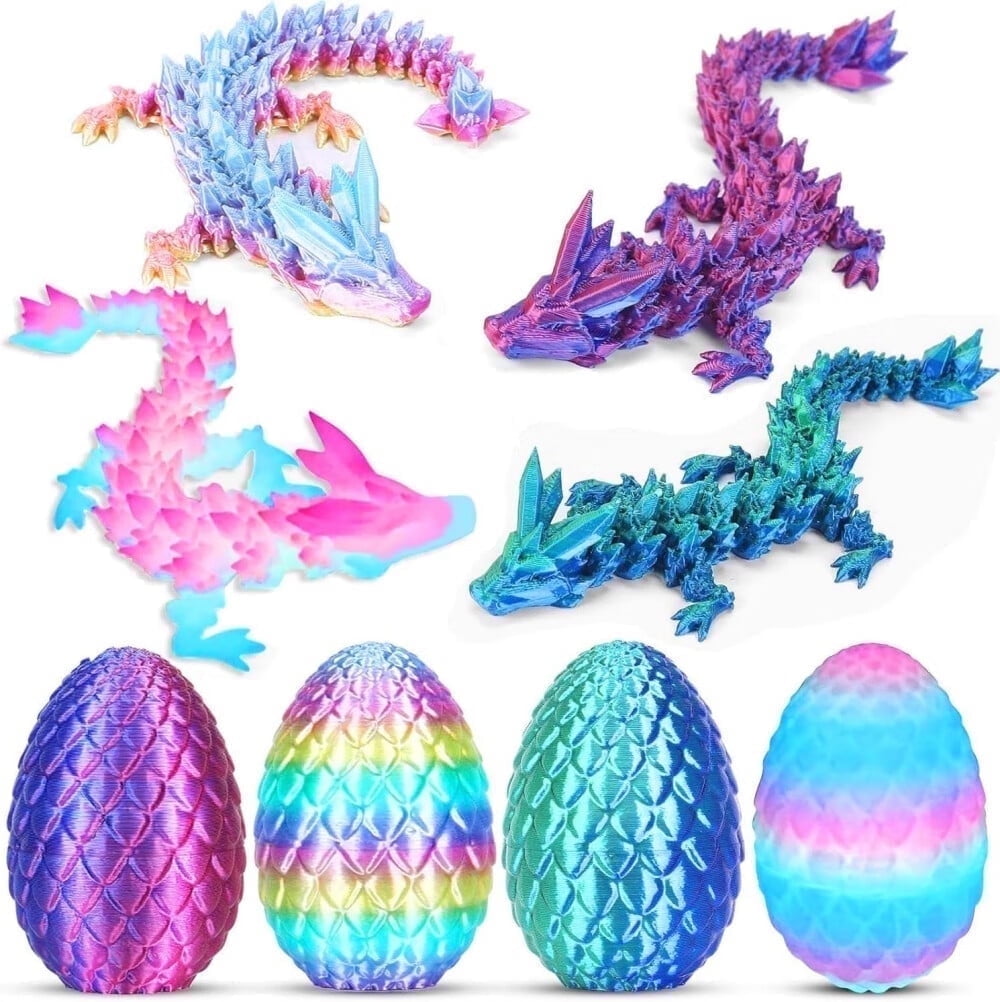 SHUWND 4PCS 3D Printed Dragon 3D Eggs with Dragon Inside, Mini Easter Eggs Fidget Toy 3D Articulated Crystal Dragon Mystery Egg Easter Basket Stuffers Surprise 3D Printed Animals Toy Set