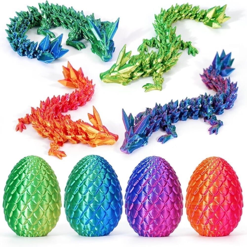 SHUWND 4PCS 3D Printed Dragon 3D Eggs with Dragon Inside, Mini Easter Eggs Fidget Toy 3D Articulated Crystal Dragon Mystery Egg Easter Basket Stuffers Surprise 3D Printed Animals Toy Set