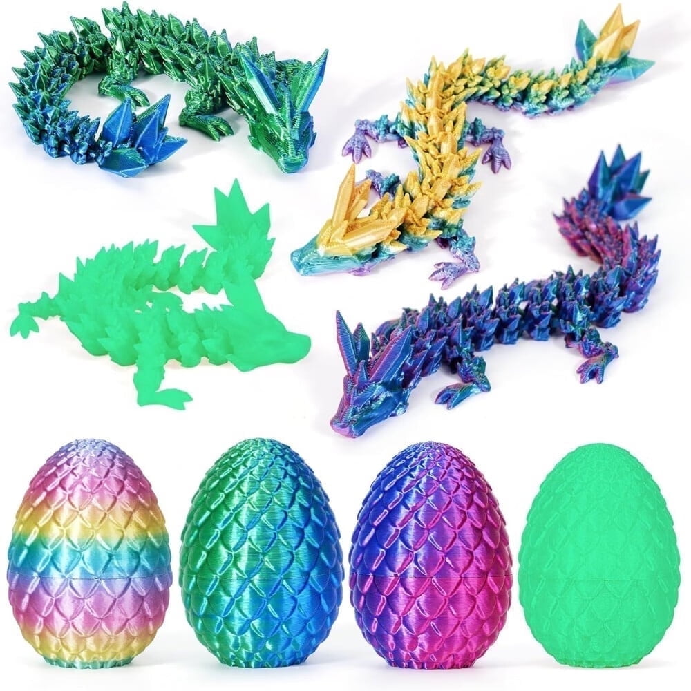 SHUWND 4PCS 3D Printed Dragon 3D Eggs with Dragon Inside, Mini Easter Eggs Fidget Toy 3D Articulated Crystal Dragon Mystery Egg Easter Basket Stuffers Surprise 3D Printed Animals Toy Set