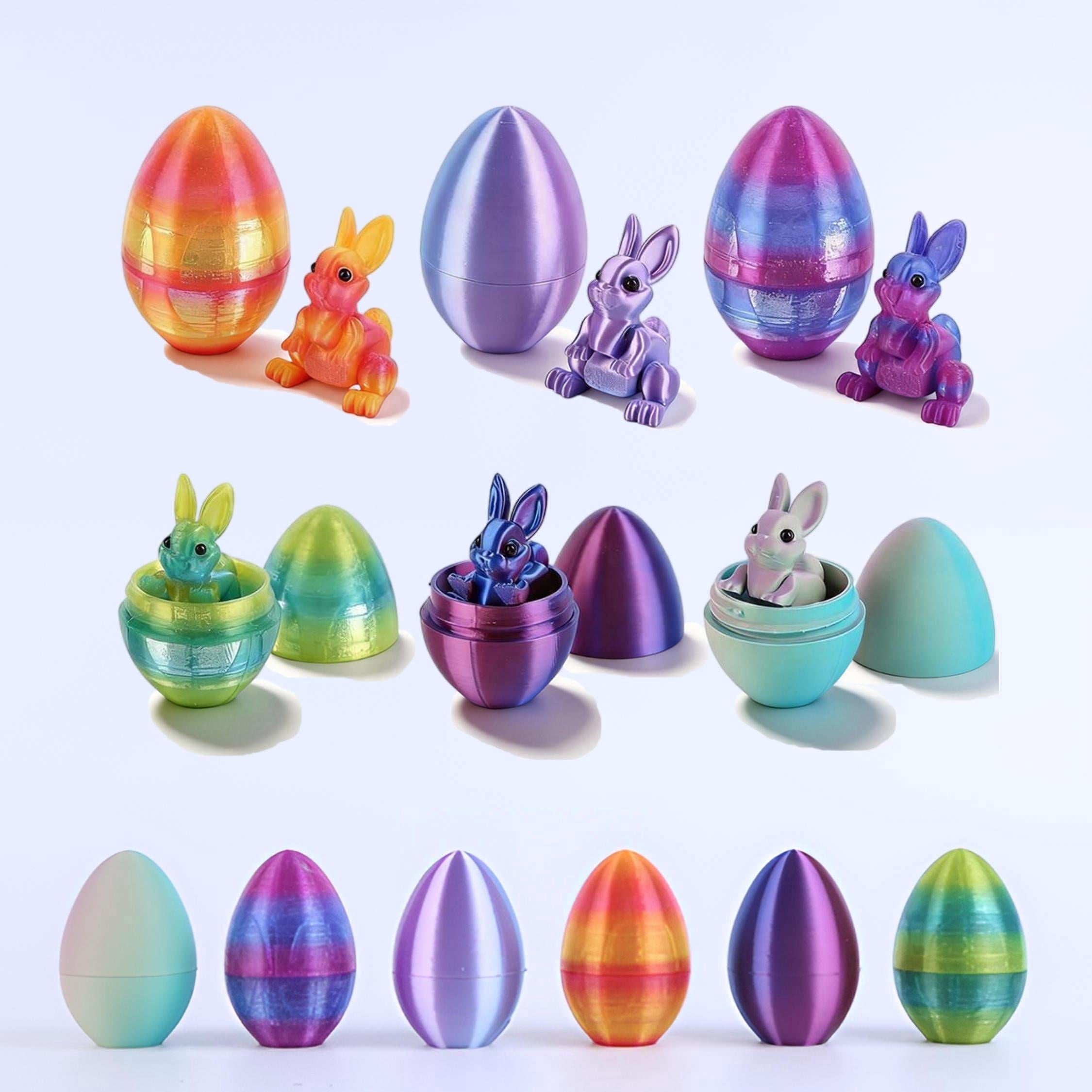SHUWND 6PCS Set 3D Printed Bunny with Easter Egg, Mini Easter Eggs Fidget Toy 3D Articulated Crystal Bunny Eggs Mystery Egg Easter Basket Stuffers Surprise 3D Printed Animals Toy Set