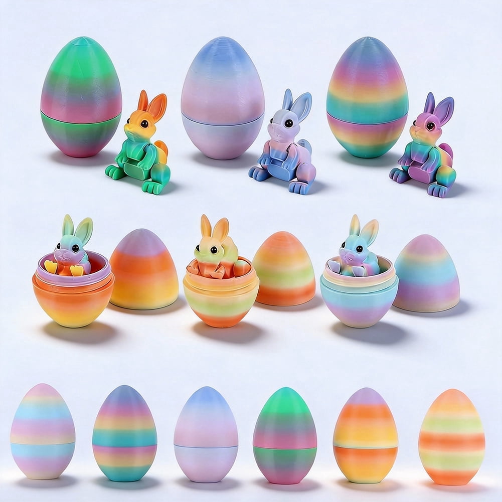 SHUWND 6PCS Set 3D Printed Bunny with Easter Egg, Mini Easter Eggs Fidget Toy 3D Articulated Crystal Bunny Eggs Mystery Egg Easter Basket Stuffers Surprise 3D Printed Animals Toy Set