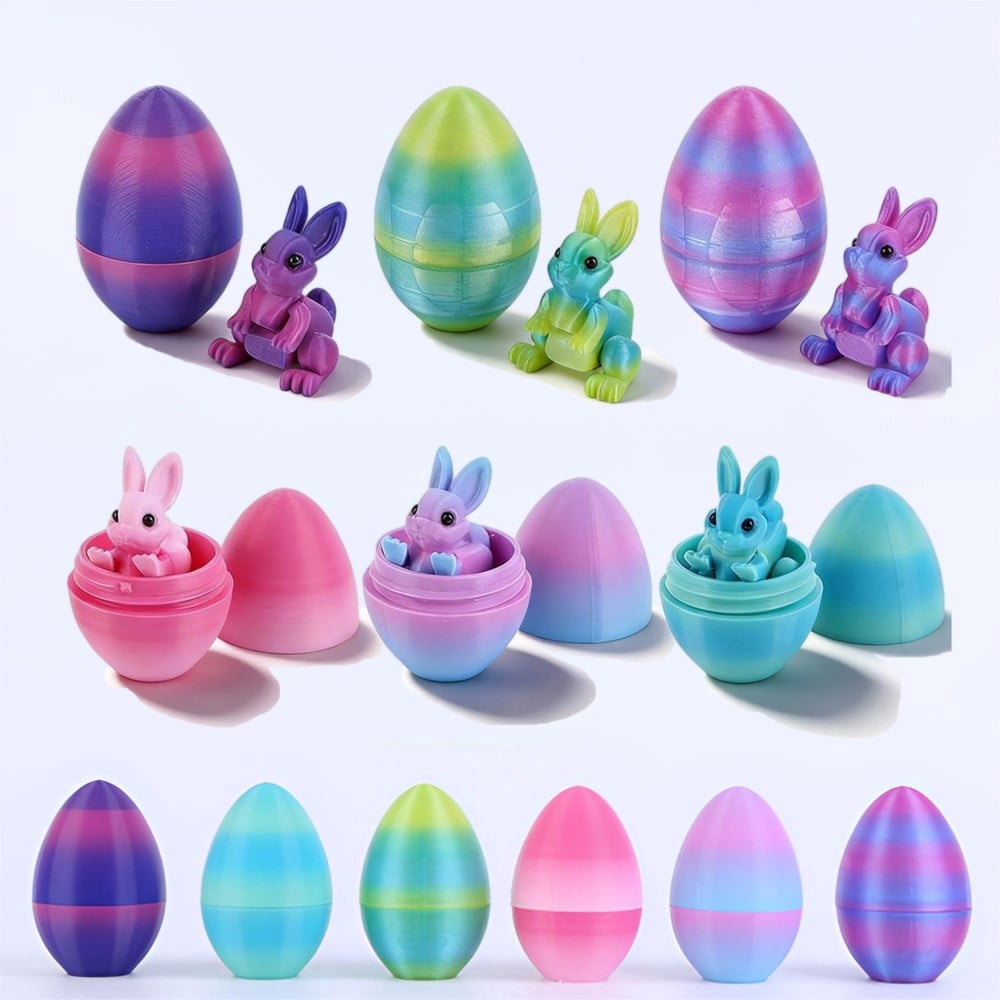 SHUWND 6PCS Set 3D Printed Bunny with Easter Egg, Mini Easter Eggs Fidget Toy 3D Articulated Crystal Bunny Eggs Mystery Egg Easter Basket Stuffers Surprise 3D Printed Animals Toy Set