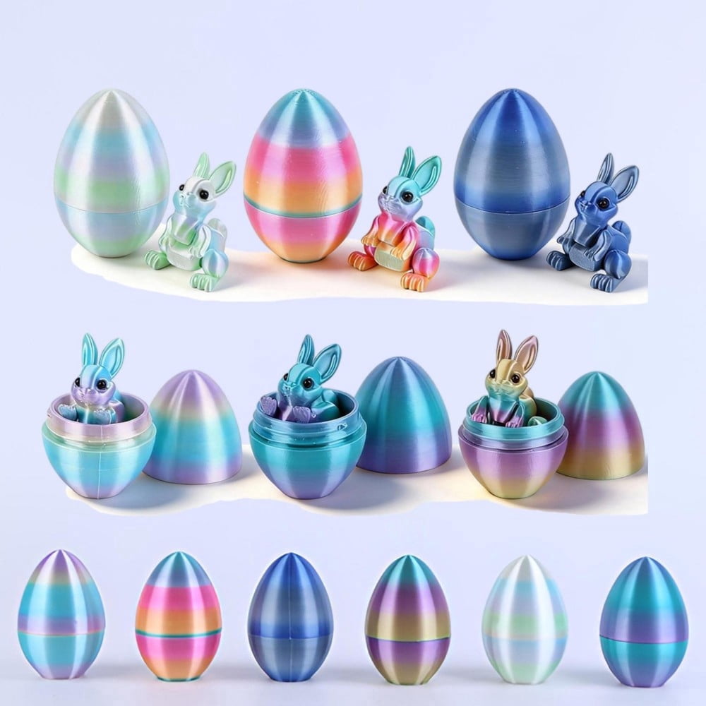 SHUWND 6PCS Set 3D Printed Bunny with Easter Egg, Mini Easter Eggs Fidget Toy 3D Articulated Crystal Bunny Eggs Mystery Egg Easter Basket Stuffers Surprise 3D Printed Animals Toy Set