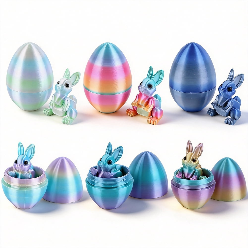 SHUWND 6PCS Set 3D Printed Bunny with Easter Egg, Mini Easter Eggs Fidget Toy 3D Articulated Crystal Bunny Eggs Mystery Egg Easter Basket Stuffers Surprise 3D Printed Animals Toy Set