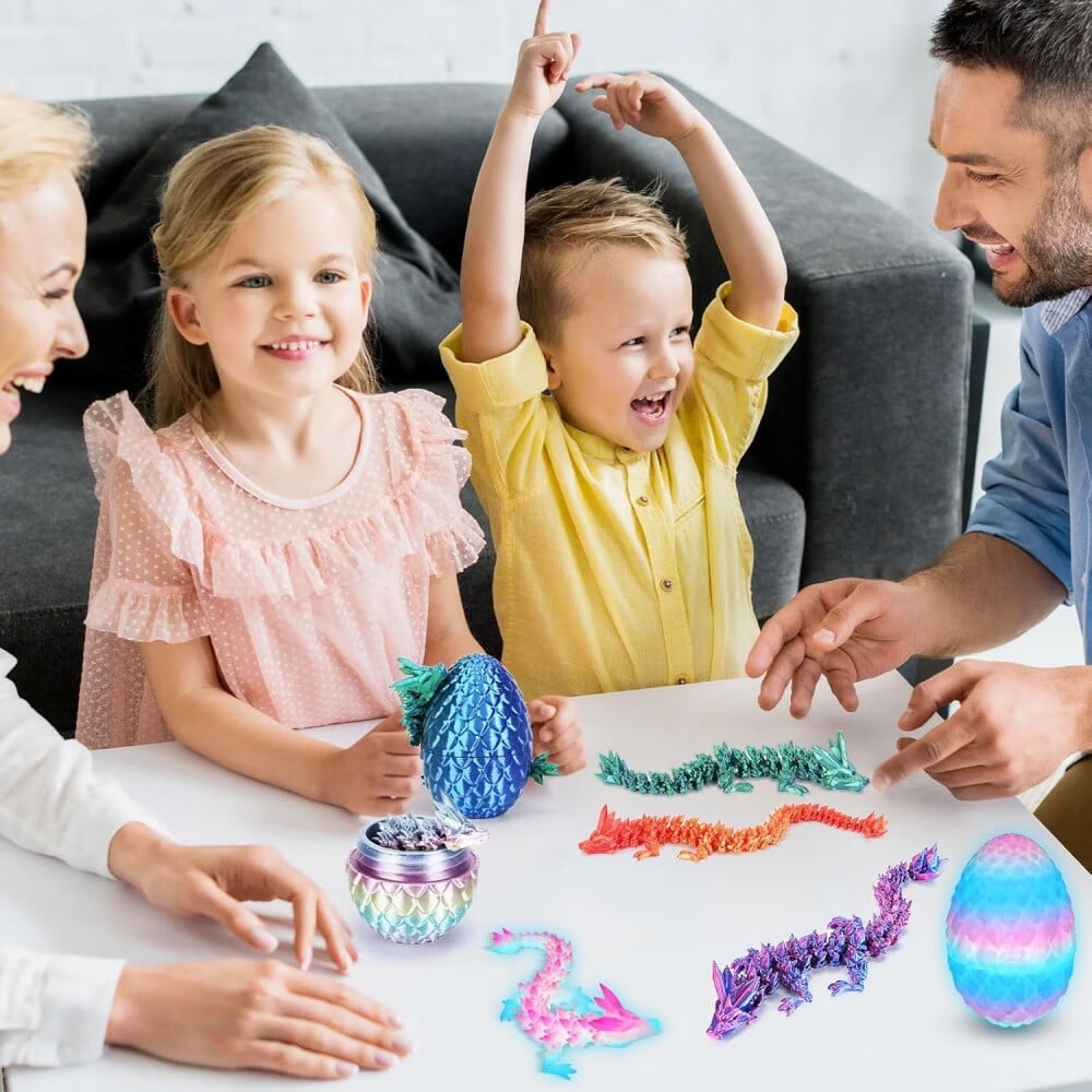 SHUWND 4PCS 3D Printed Dragon 3D Eggs with Dragon Inside, Mini Easter Eggs Fidget Toy 3D Articulated Crystal Dragon Mystery Egg Easter Basket Stuffers Surprise 3D Printed Animals Toy Set