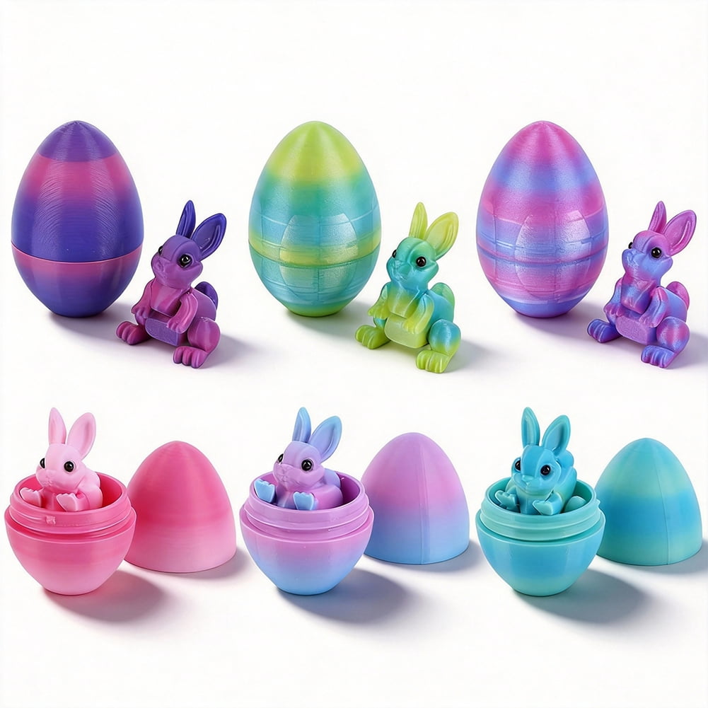 SHUWND 6PCS Set 3D Printed Bunny with Easter Egg, Mini Easter Eggs Fidget Toy 3D Articulated Crystal Bunny Eggs Mystery Egg Easter Basket Stuffers Surprise 3D Printed Animals Toy Set