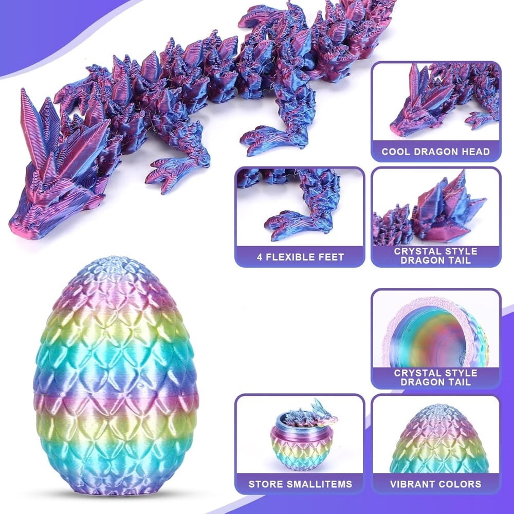 SHUWND 4PCS 3D Printed Dragon 3D Eggs with Dragon Inside, Mini Easter Eggs Fidget Toy 3D Articulated Crystal Dragon Mystery Egg Easter Basket Stuffers Surprise 3D Printed Animals Toy Set