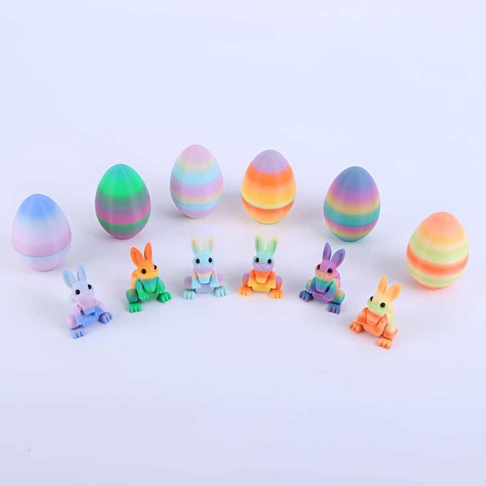 SHUWND 6PCS Set 3D Printed Bunny with Easter Egg, Mini Easter Eggs Fidget Toy 3D Articulated Crystal Bunny Eggs Mystery Egg Easter Basket Stuffers Surprise 3D Printed Animals Toy Set