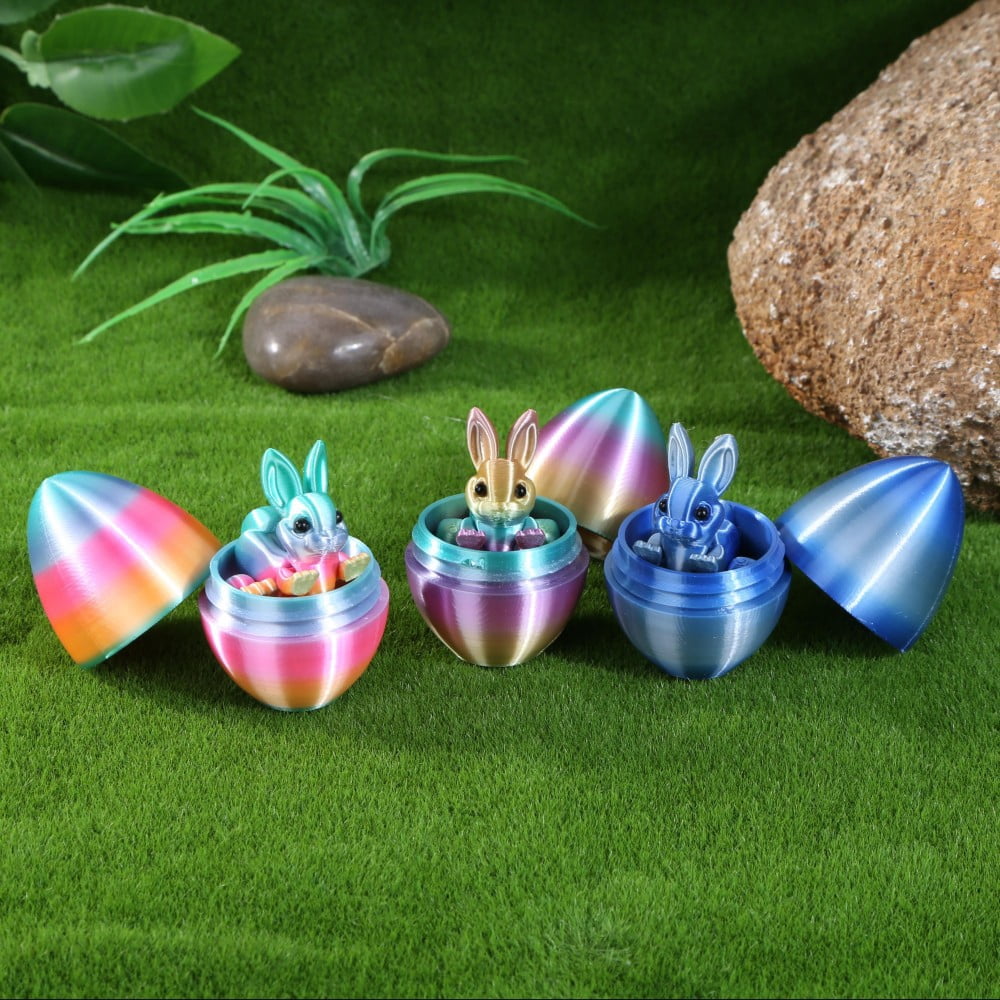 SHUWND 6PCS Set 3D Printed Bunny with Easter Egg, Mini Easter Eggs Fidget Toy 3D Articulated Crystal Bunny Eggs Mystery Egg Easter Basket Stuffers Surprise 3D Printed Animals Toy Set