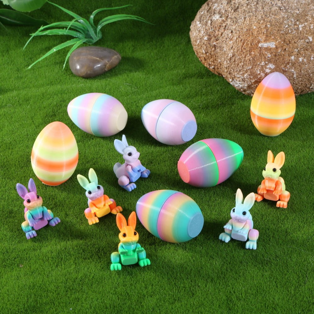 SHUWND 6PCS Set 3D Printed Bunny with Easter Egg, Mini Easter Eggs Fidget Toy 3D Articulated Crystal Bunny Eggs Mystery Egg Easter Basket Stuffers Surprise 3D Printed Animals Toy Set
